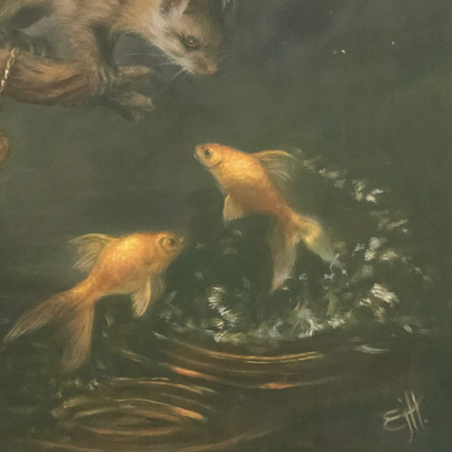 A painted scene of two goldfish swimming in dark water with a blurred animal head visible in the upper left, rendered in muted brown, gold, and olive tones.