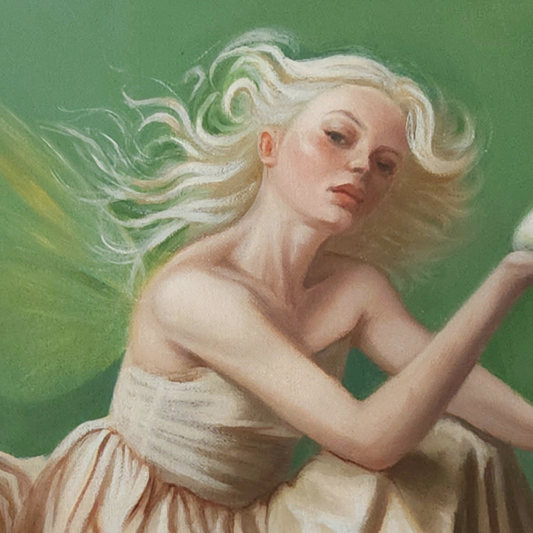 Snowberry, a winter fairy in verdant light. A fantasy oil painting
