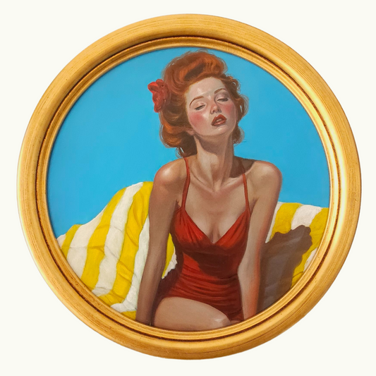 Saint Rémy Ruby. Vintage sunbather in red circular oil painting