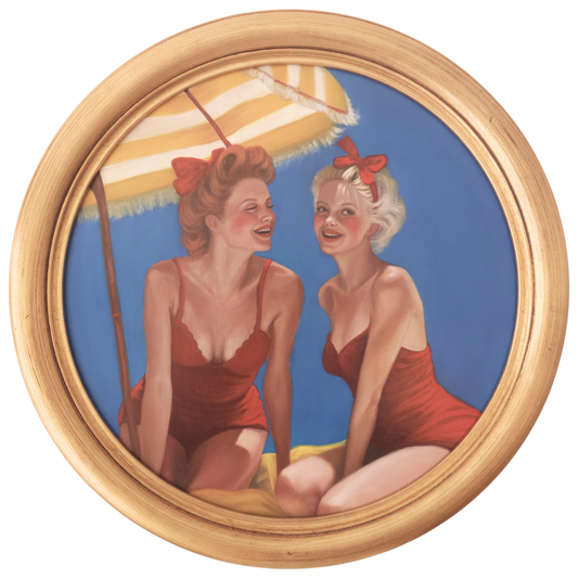 Amalfi, summer friends. Female friendship circular oil painting