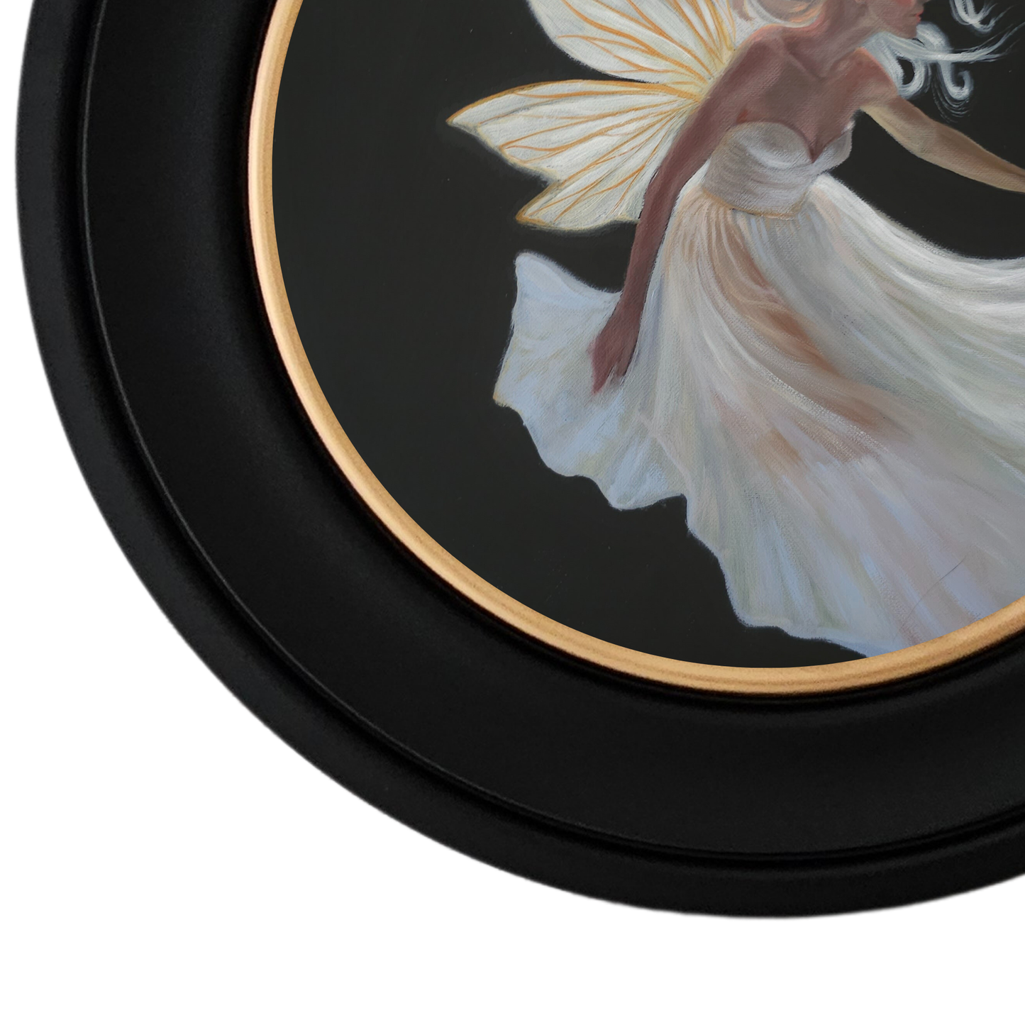 Calla, an angel fairy in moonlight, circular oil painting