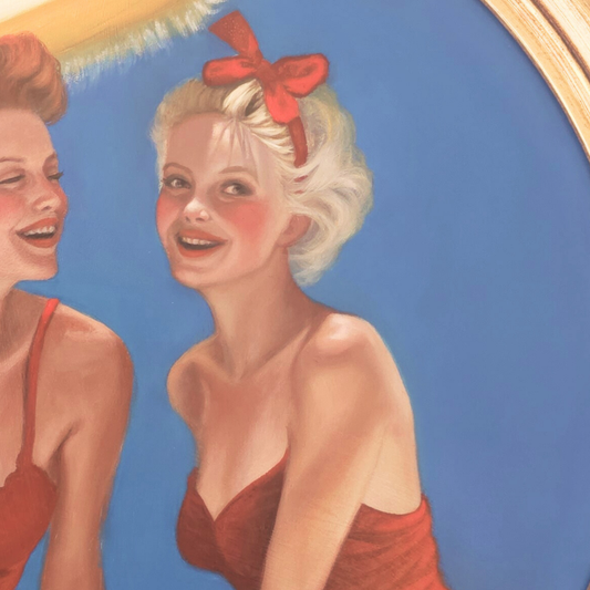 Amalfi, summer friends. Female friendship circular oil painting