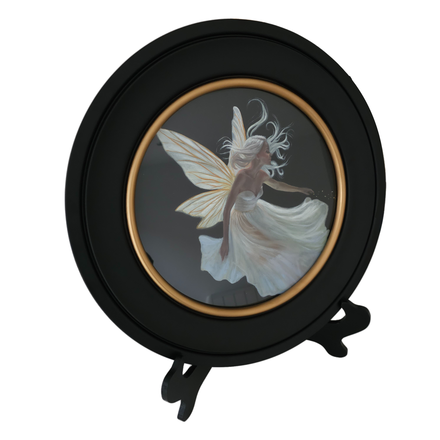 Calla, an angel fairy in moonlight, circular oil painting