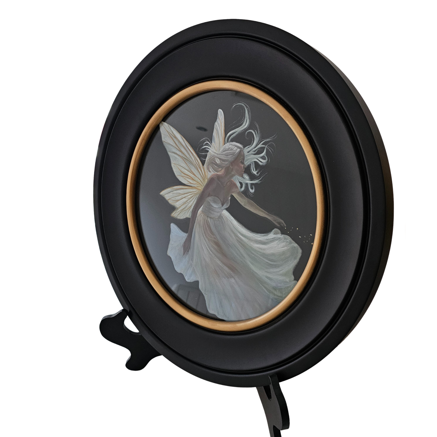 Calla, an angel fairy in moonlight, circular oil painting