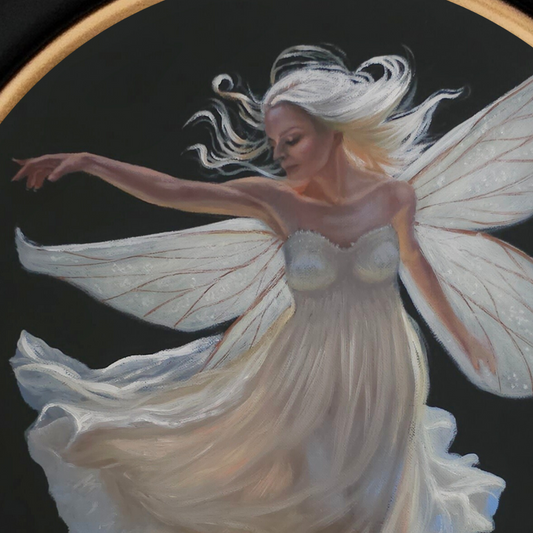 Clémence, an angel fairy in moonlight, circular oil painting