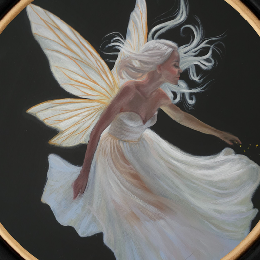 Calla, an angel fairy in moonlight, circular oil painting