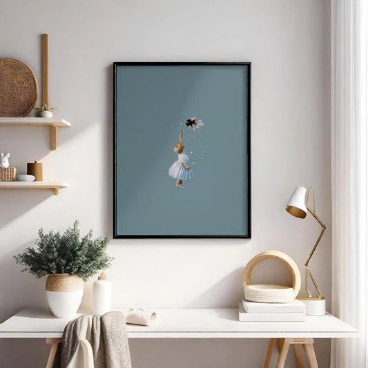 Baby and the Bee Wooden Framed Print 60x90 cm / 24x36″