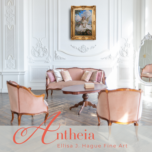 Elegant living room with pink furniture and decorative wall art, featuring the brand 'Antheia'.