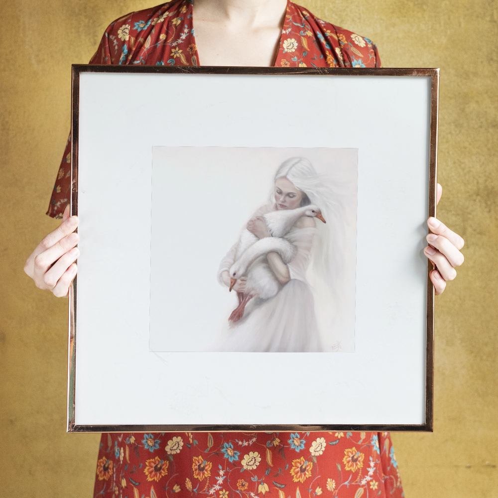 Sanctuary, muted white figurative oil painting with geese