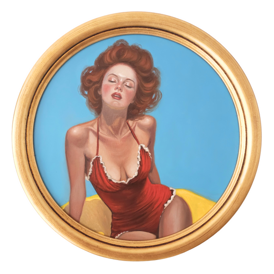 Saint Tropez Ruby. Vintage sunbather in red circular oil painting