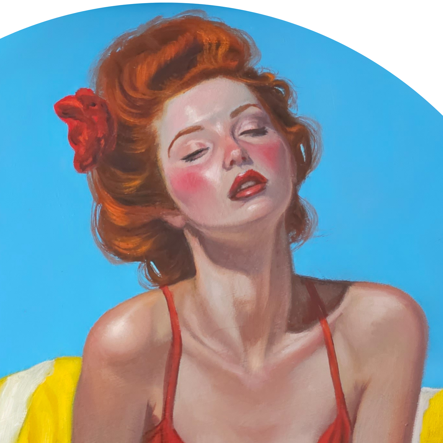 Saint Rémy Ruby. Vintage sunbather in red circular oil painting