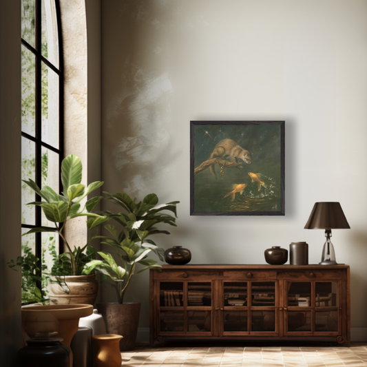A framed art print depicting a dramatic scene of a pine marten and goldfish at night, displayed on a beige wall above a dark wood cabinet in a styled room with plants and a lamp.