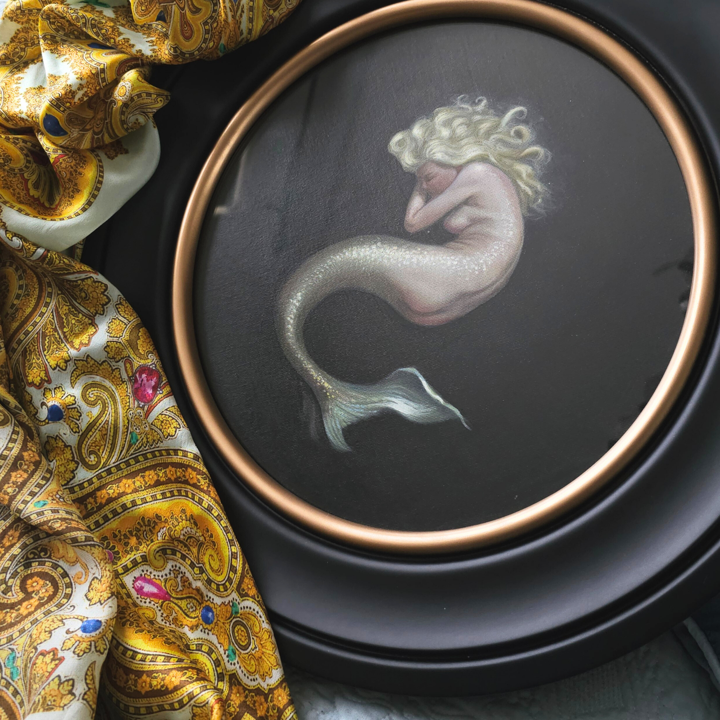 Nimue, mermaid circular oil painting, classical fantasy realism