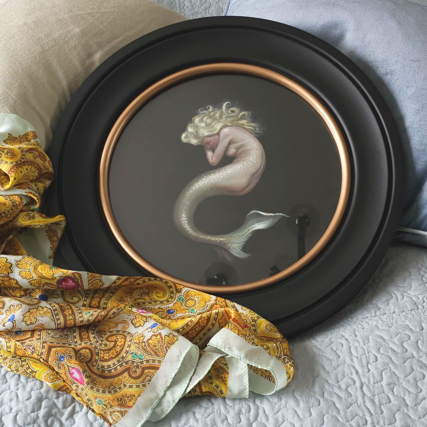 Nimue, mermaid circular oil painting, classical fantasy realism