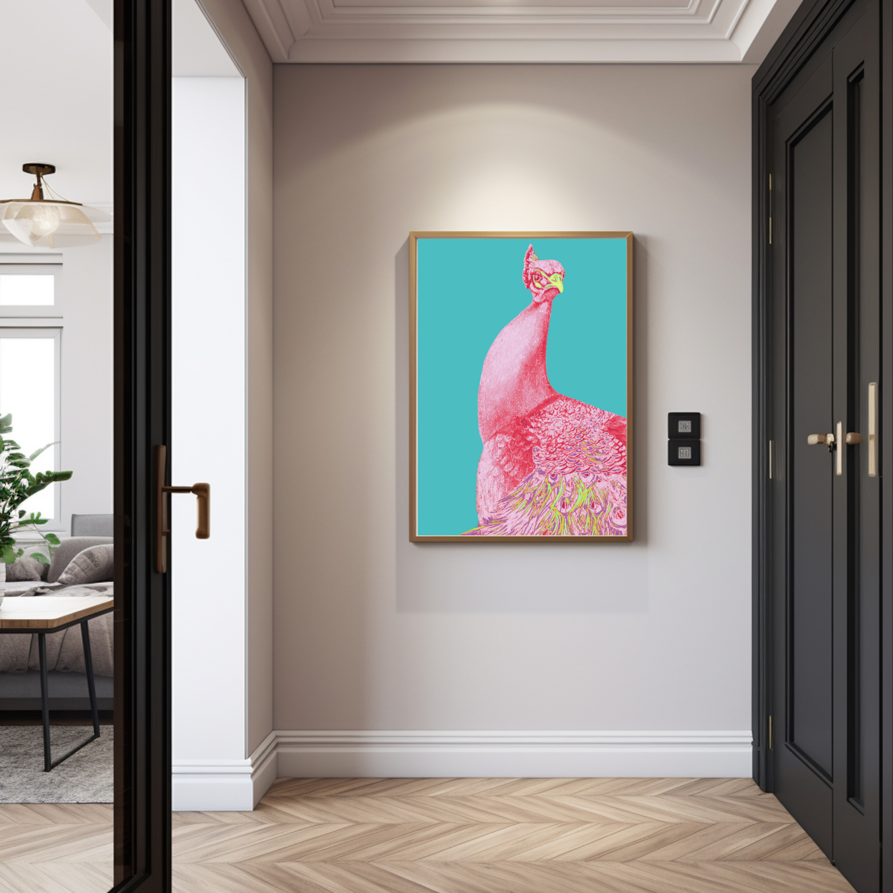 A framed vertical art print featuring a pink peacock on a turquoise background, displayed on a beige hallway wall above a light wood herringbone floor.