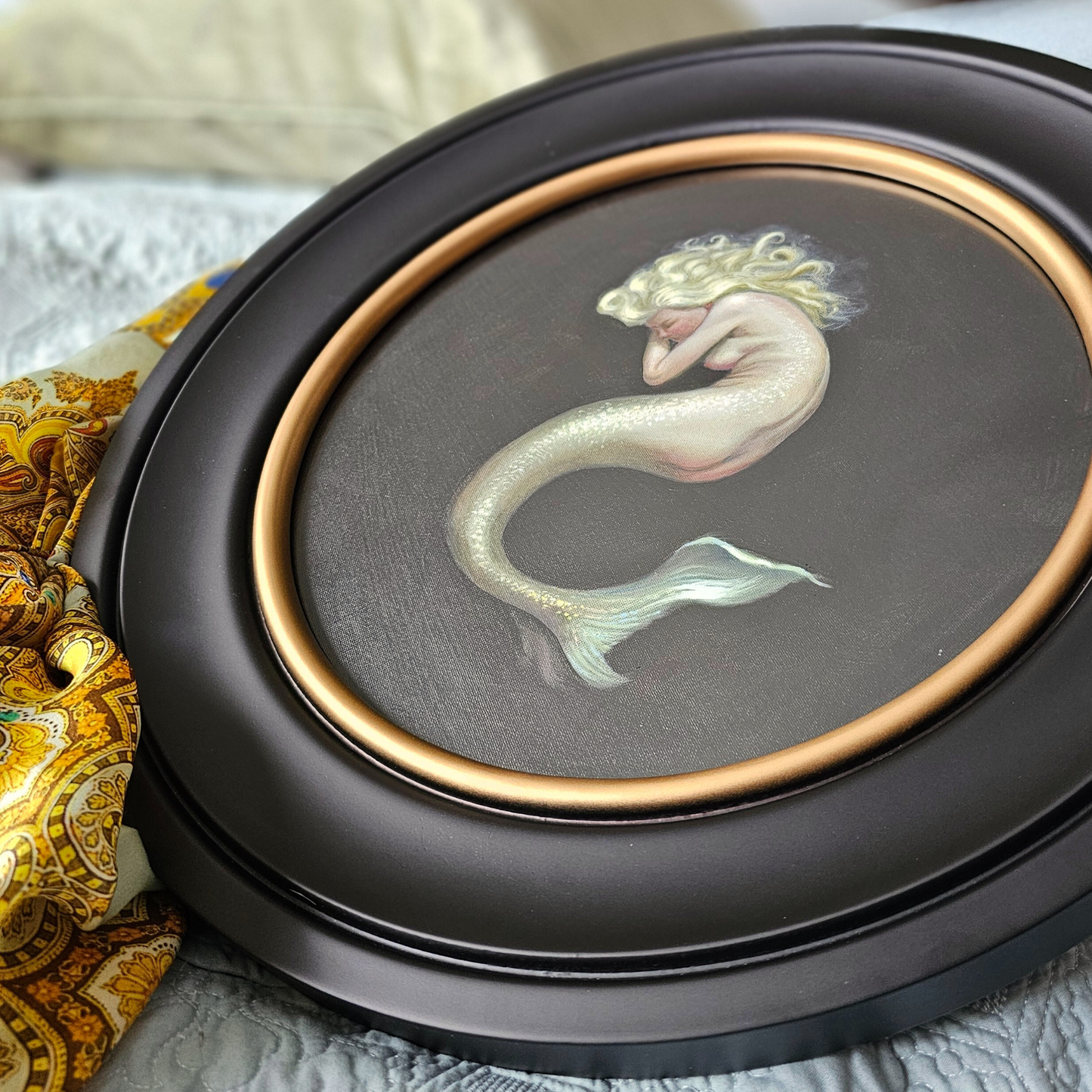 Nimue, mermaid circular oil painting, classical fantasy realism