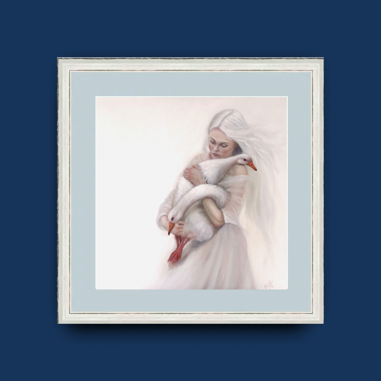 Sanctuary, muted white figurative oil painting with geese