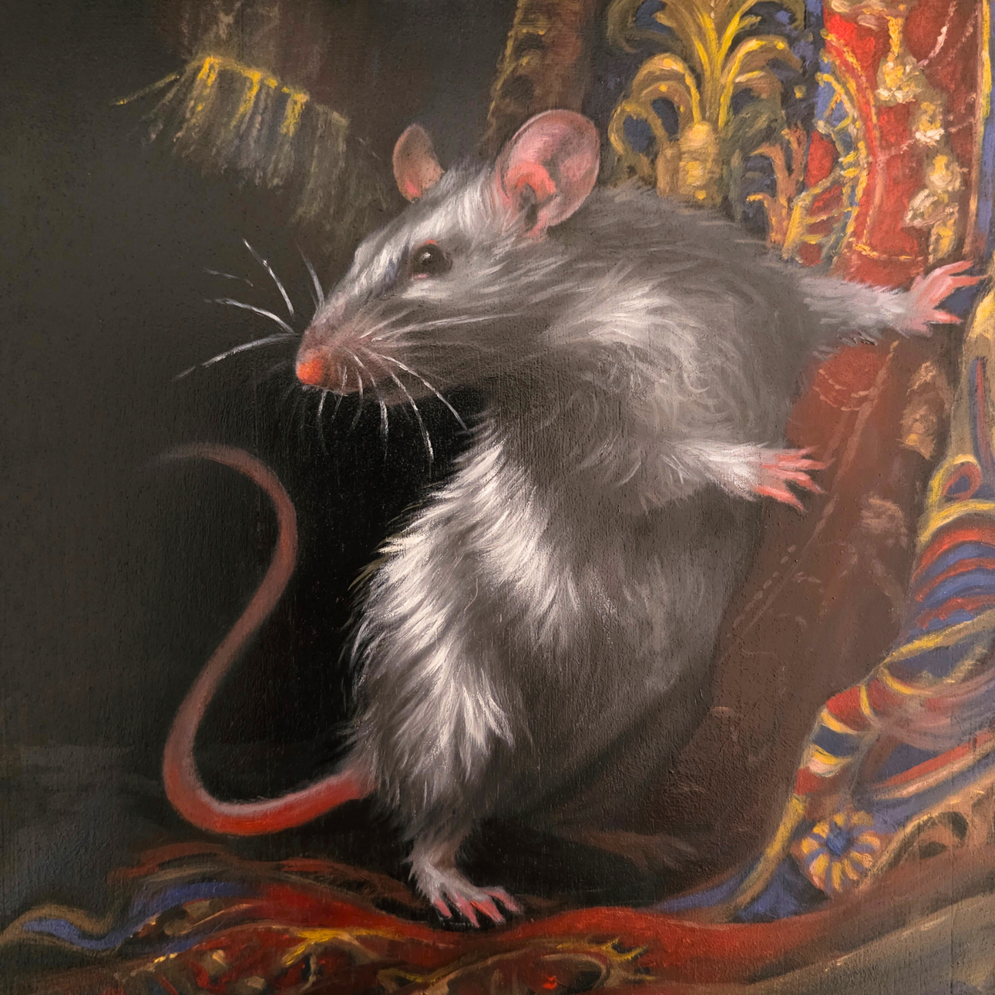 Moonwhiskers, original oil painting of a silvery rat
