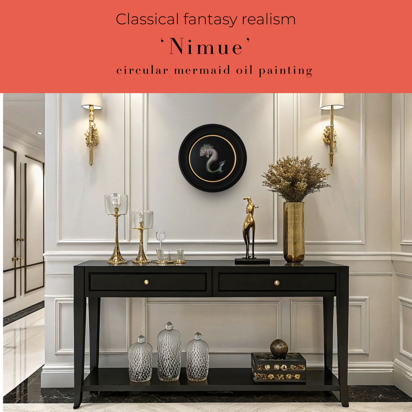 Nimue, mermaid circular oil painting, classical fantasy realism