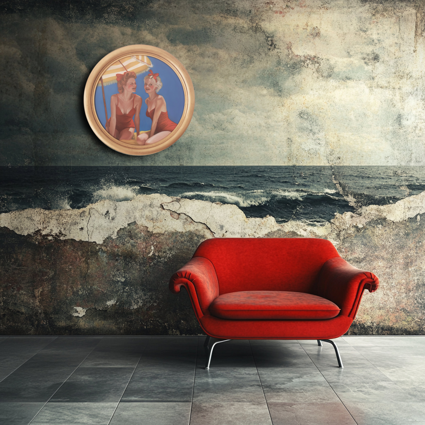 Amalfi, summer friends. Female friendship circular oil painting