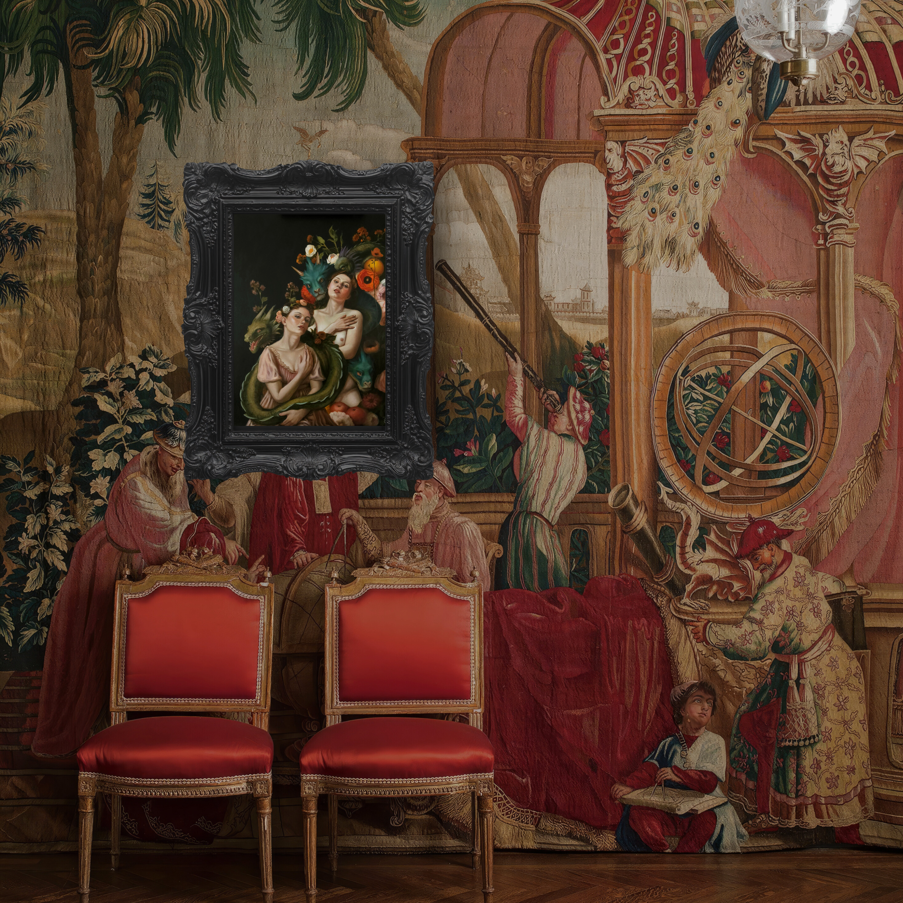 An oil painting titled 'Dragon Bond' featuring two women and four dragons in a room with ornate wallpaper and two red chairs.