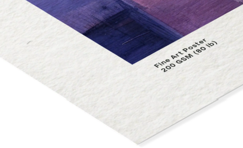Close-up of a fine art poster print on textured white paper, showing a purple and dark blue abstract painted section with printed text reading 'Fine Art Poster 200 GSM (80 lb)'.