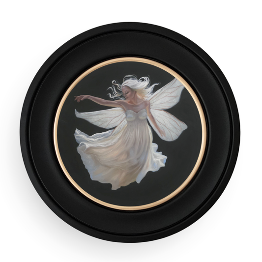Clémence, an angel fairy in moonlight, circular oil painting