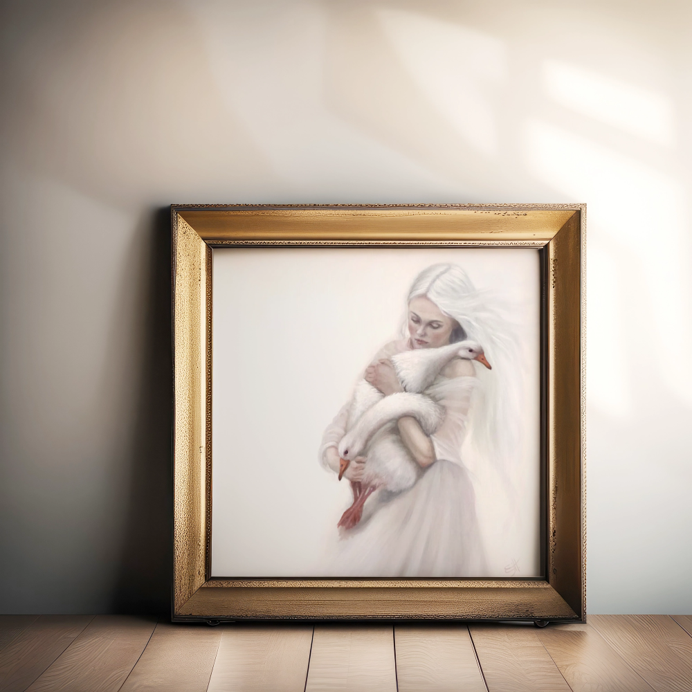 Sanctuary, muted white figurative oil painting with geese