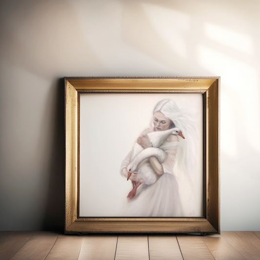 Sanctuary, muted white figurative oil painting with geese