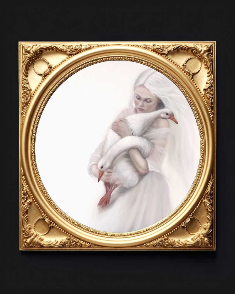 Sanctuary, muted white figurative oil painting with geese