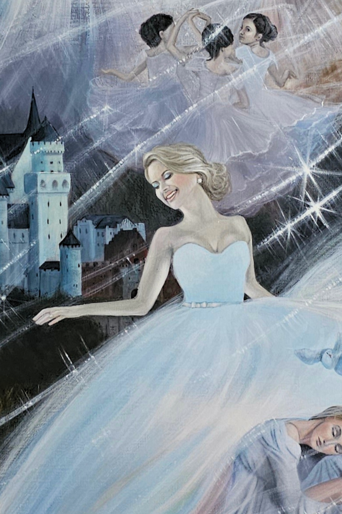 Woman in a blue dress with a castle and ballerinas in the background
