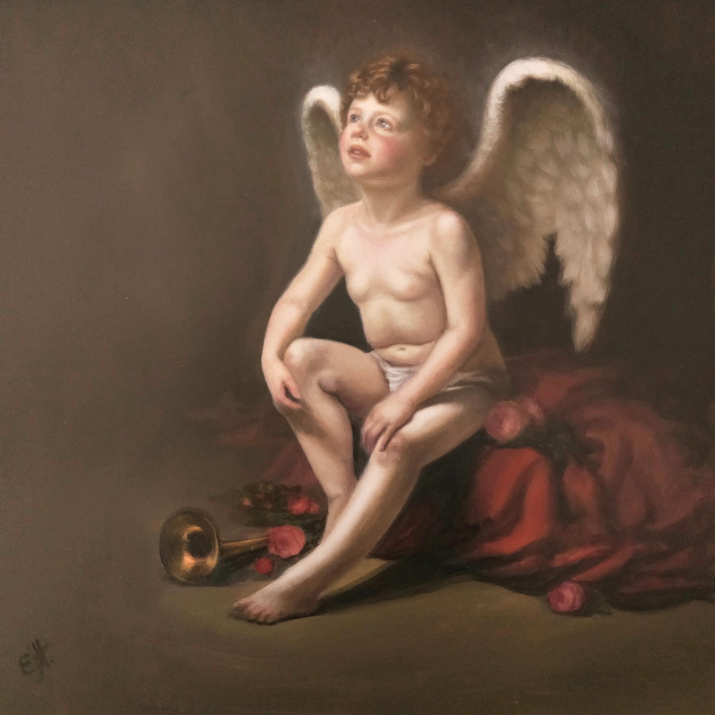 Painting of a cherub with wings sitting on a red cloth with flowers and a trumpet.
