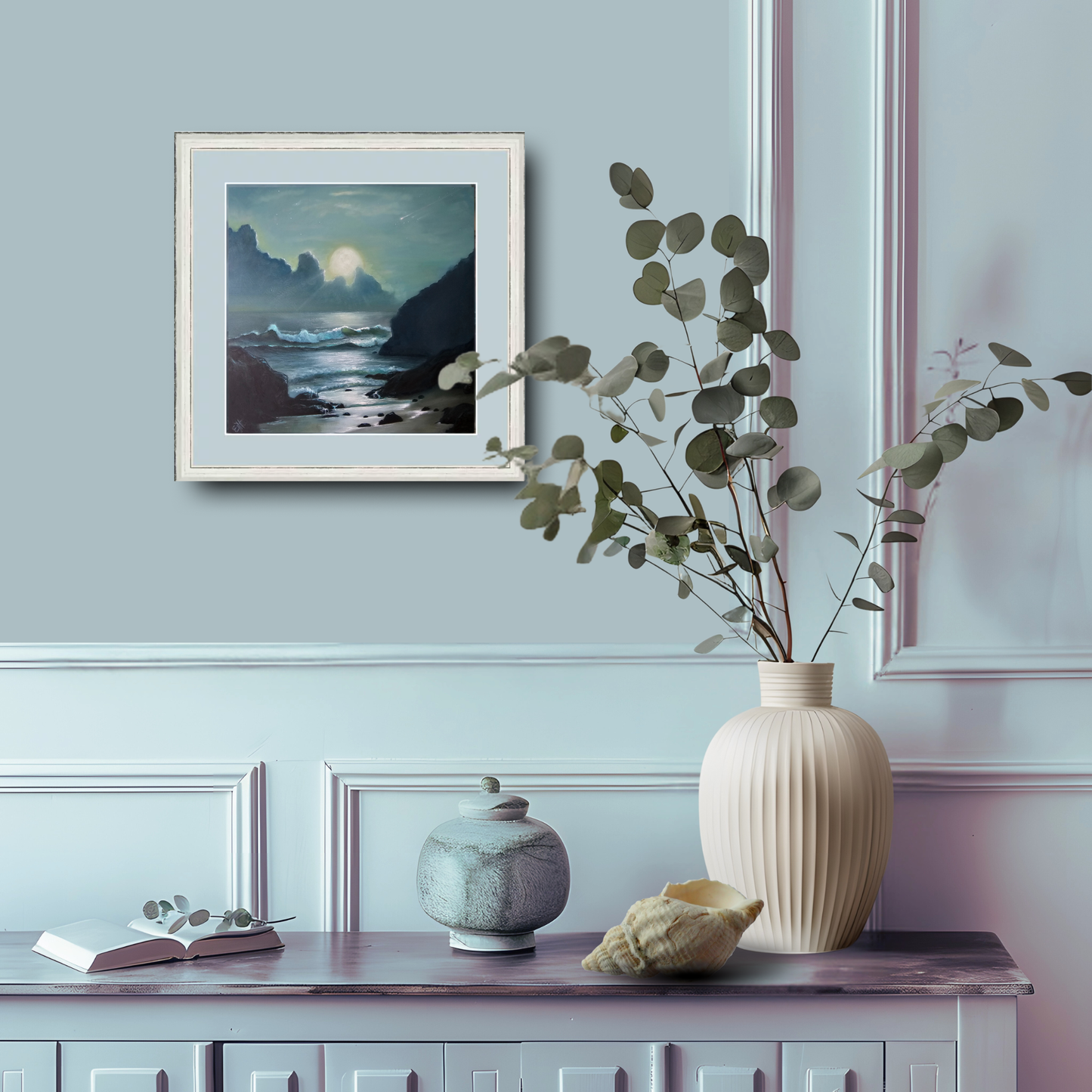 La Luna, serene supermoon seascape oil painting, moonlit ocean nocturne