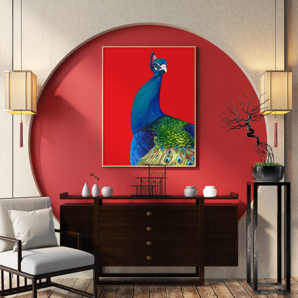 Vibrant Indian Peacock Wooden Framed Print 60x90 cm / 24x36″