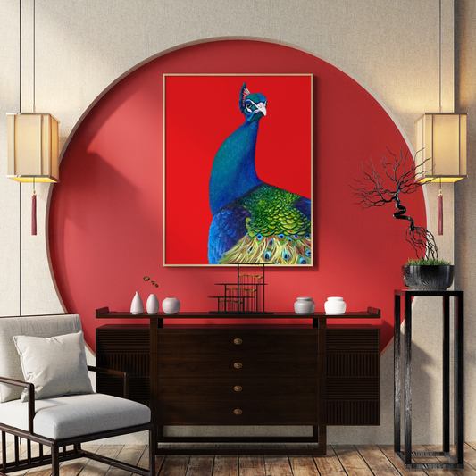 Vibrant Indian Peacock Wooden Framed Print 60x90 cm / 24x36″