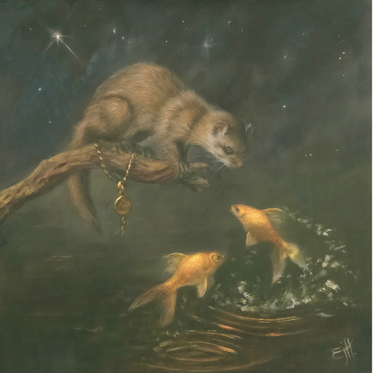 A fantasy-style painting of a brown animal perched on a branch over dark water, with two glowing gold fish below and a chain hanging from the branch.