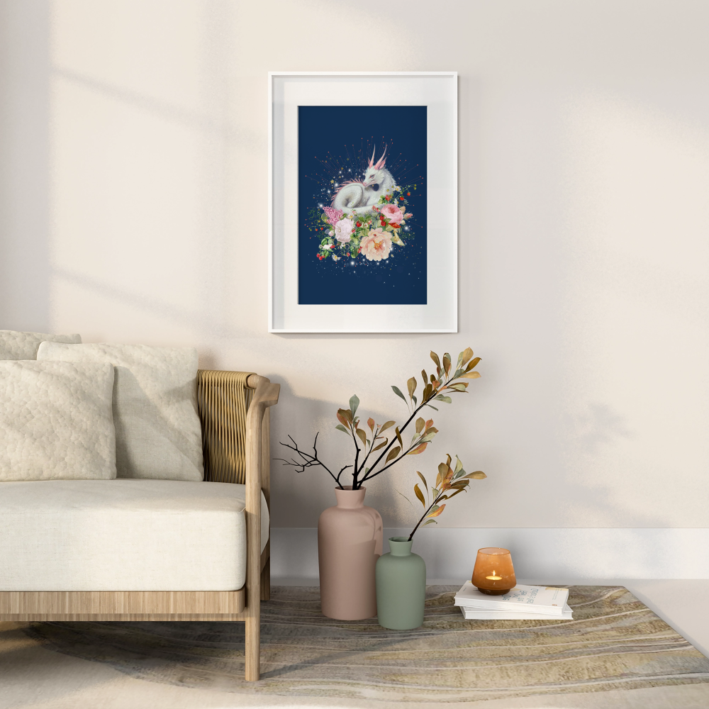 framed print of a white dragon on a posy of florals
