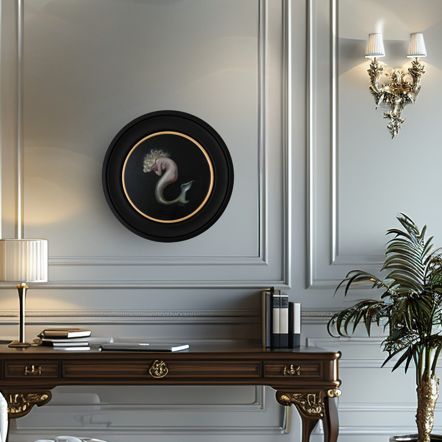 Nimue, mermaid circular oil painting, classical fantasy realism