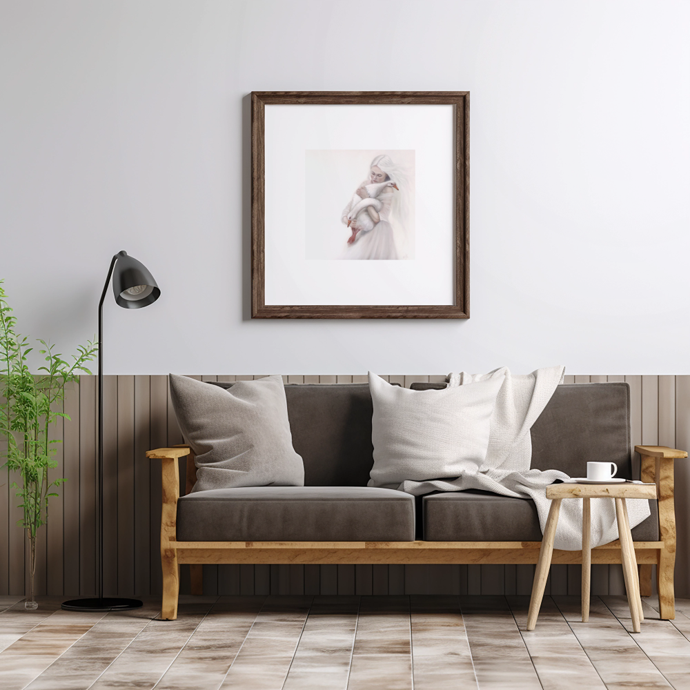 Sanctuary, muted white figurative oil painting with geese