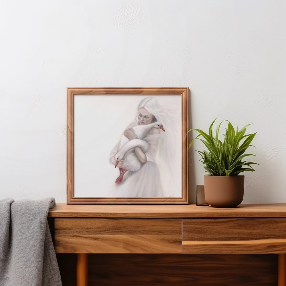 Sanctuary, muted white figurative oil painting with geese