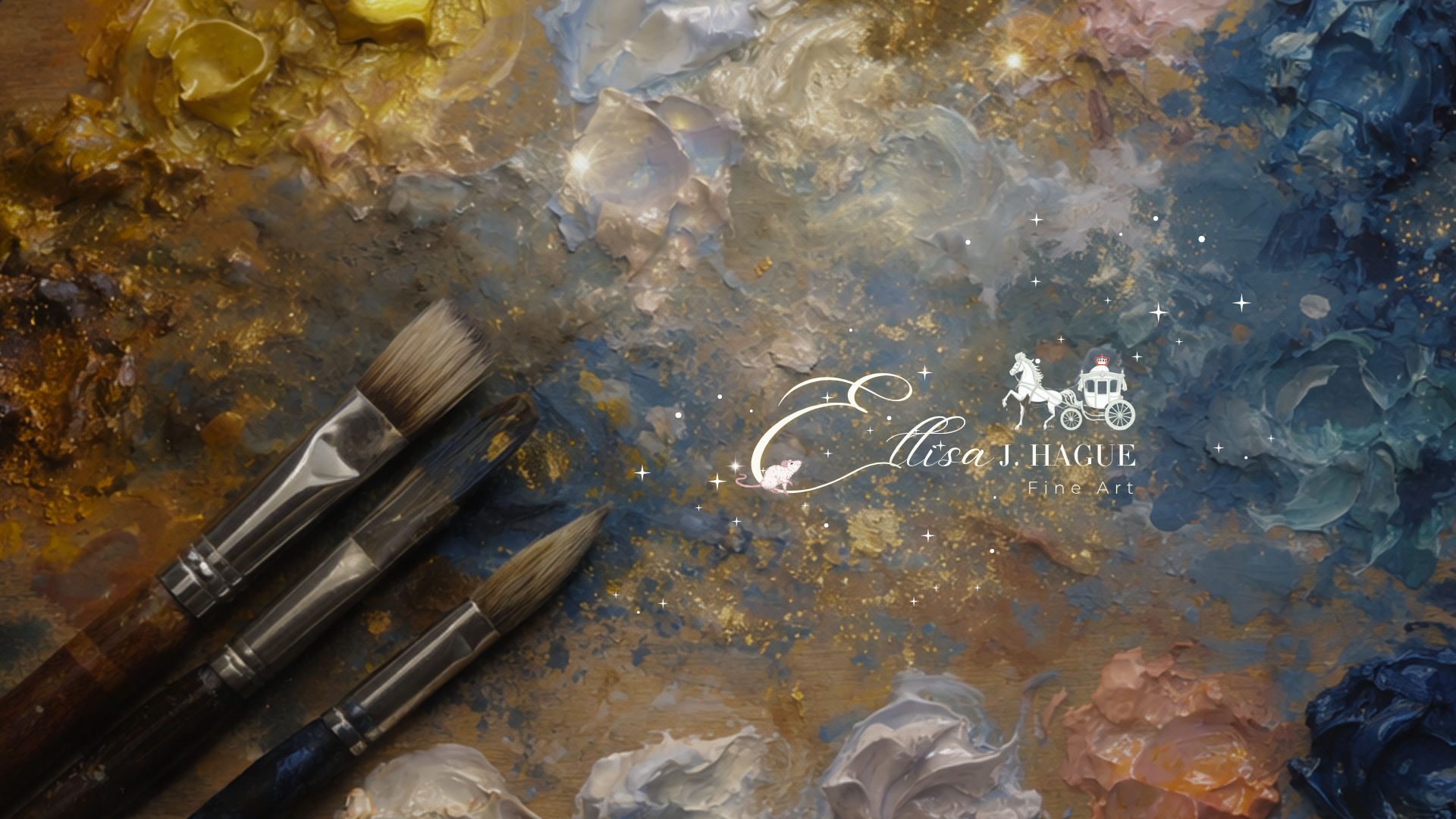 Three paintbrushes resting on a textured artist palette filled with gold, blue, brown, and white paint, with the white script logo 'Elisa J. Hagle' and a carriage graphic in the center-right.