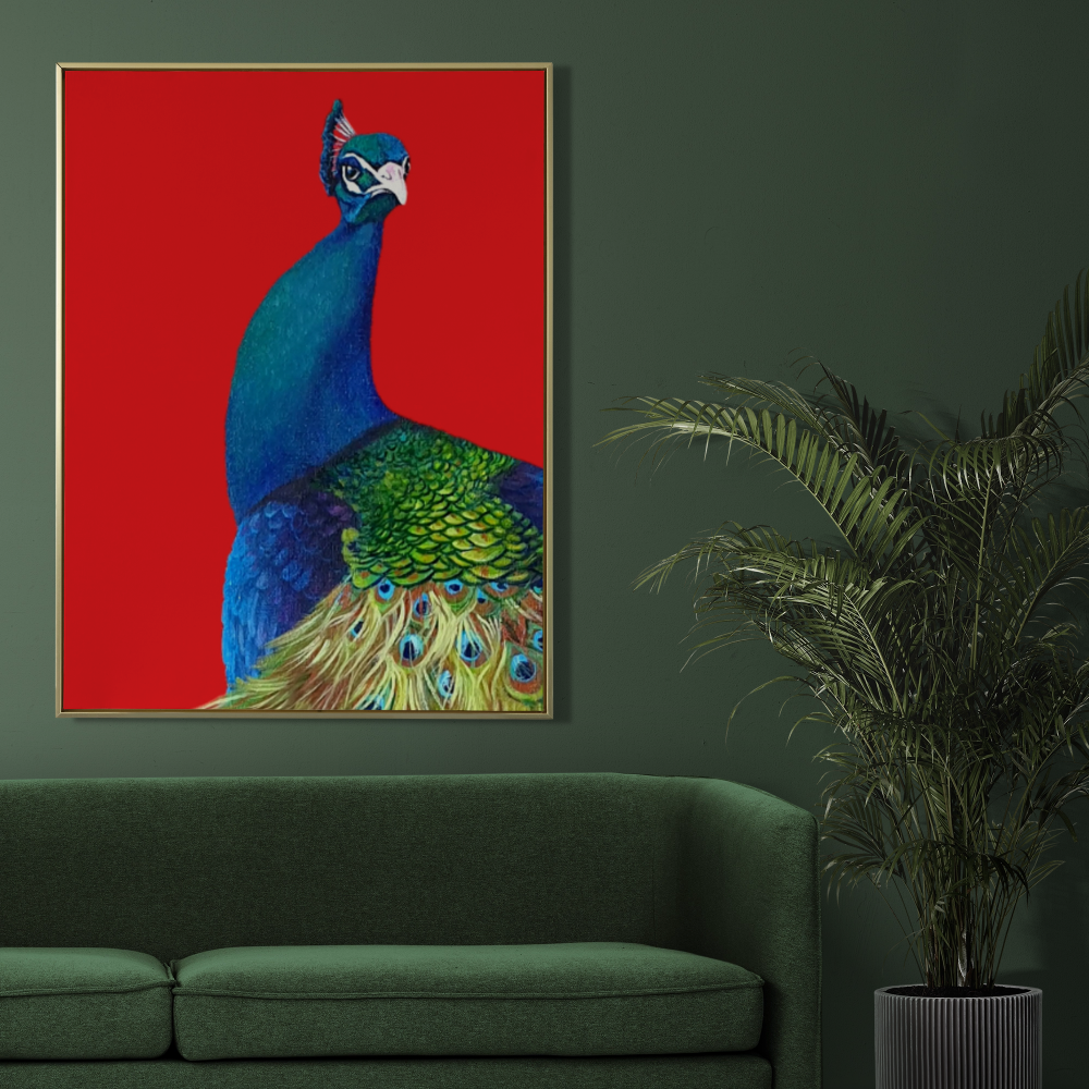 Vibrant Indian Peacock Wooden Framed Print 60x90 cm / 24x36″
