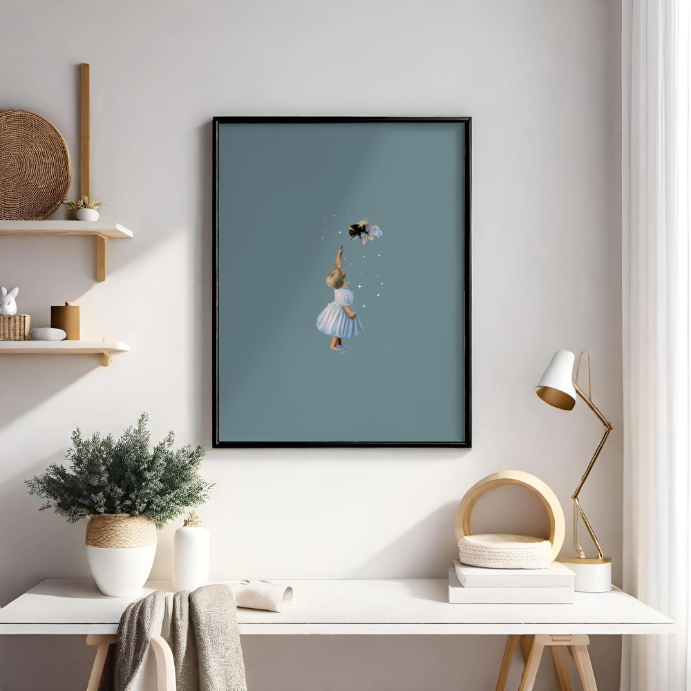 Baby and the Bee Wooden Framed Print 60x90 cm / 24x36″