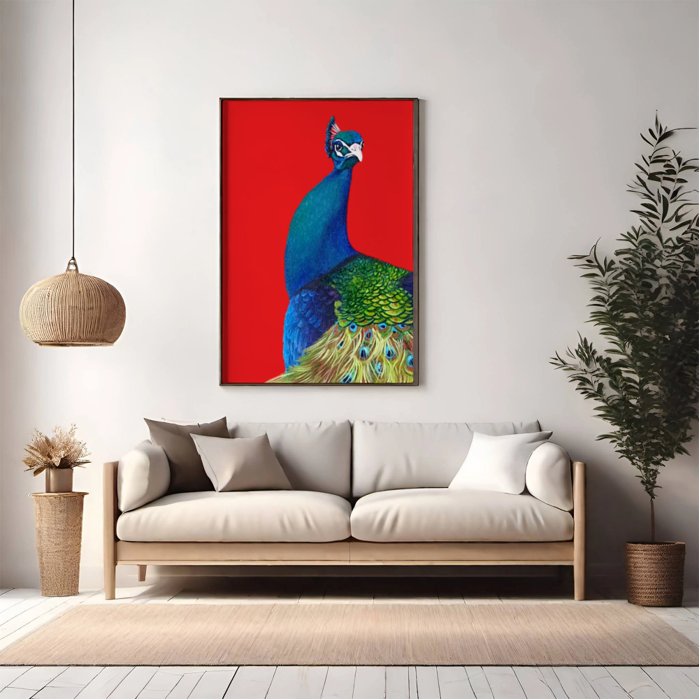 Vibrant Indian Peacock Wooden Framed Print 60x90 cm / 24x36″