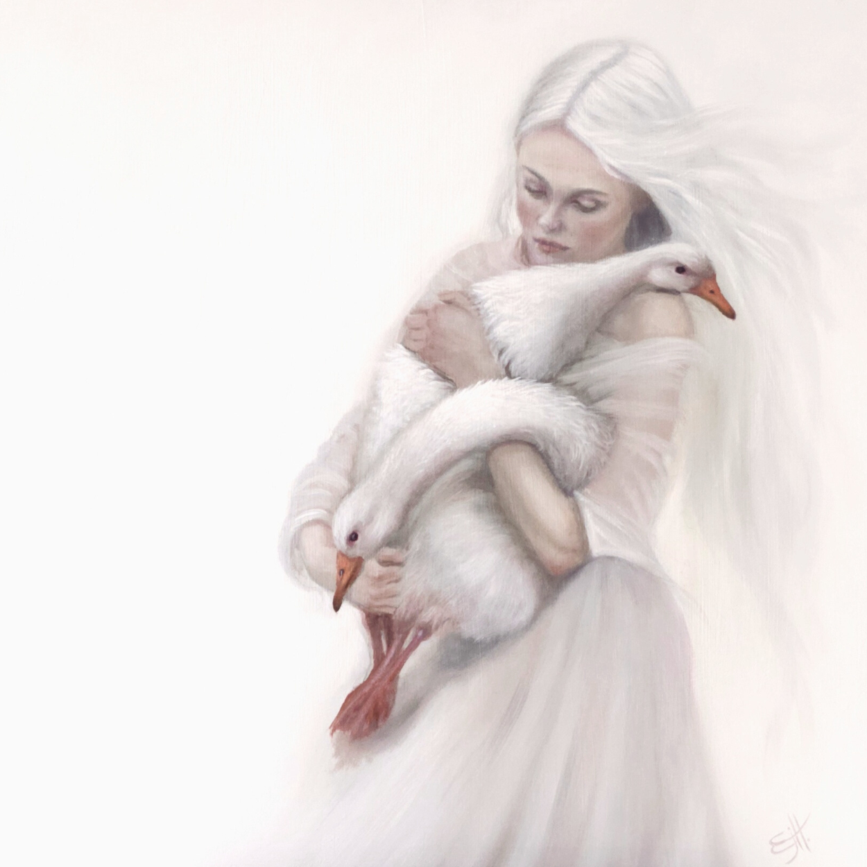 Sanctuary, muted white figurative oil painting with geese