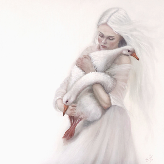 Sanctuary, muted white figurative oil painting with geese