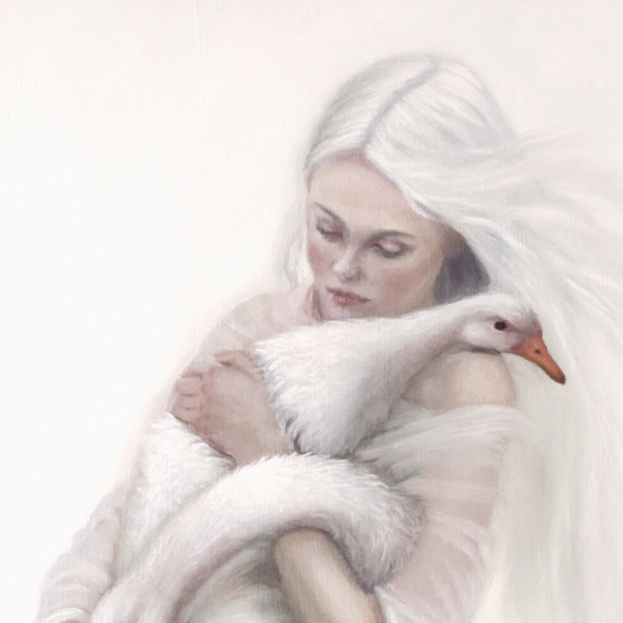 Sanctuary, muted white figurative oil painting with geese