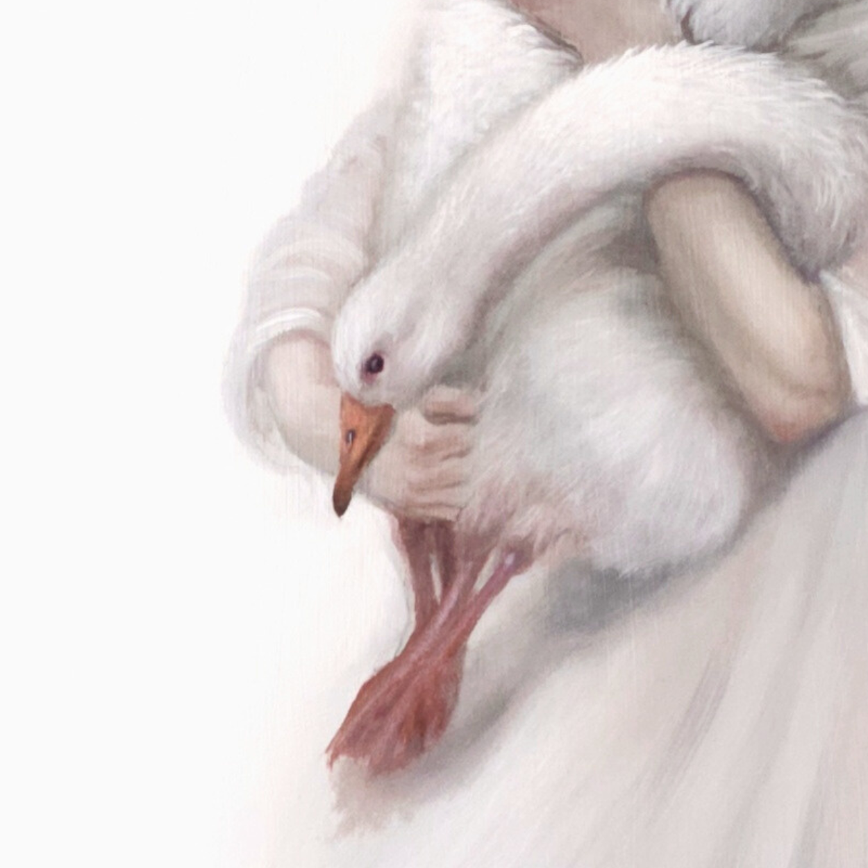 Sanctuary, muted white figurative oil painting with geese