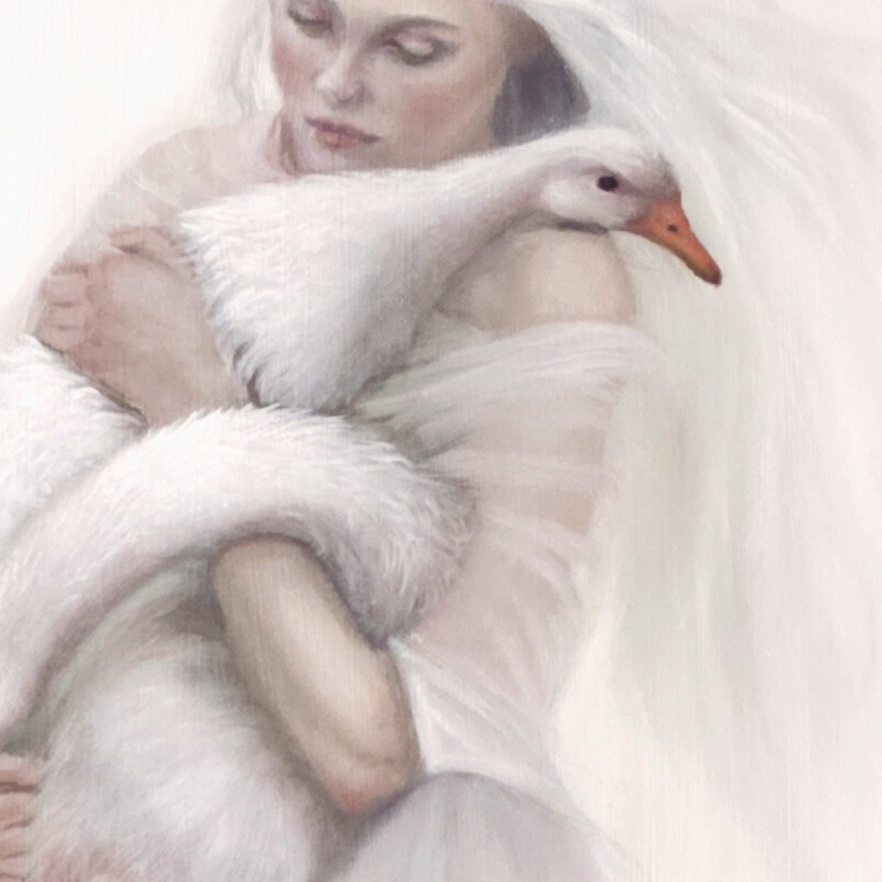 Sanctuary, muted white figurative oil painting with geese