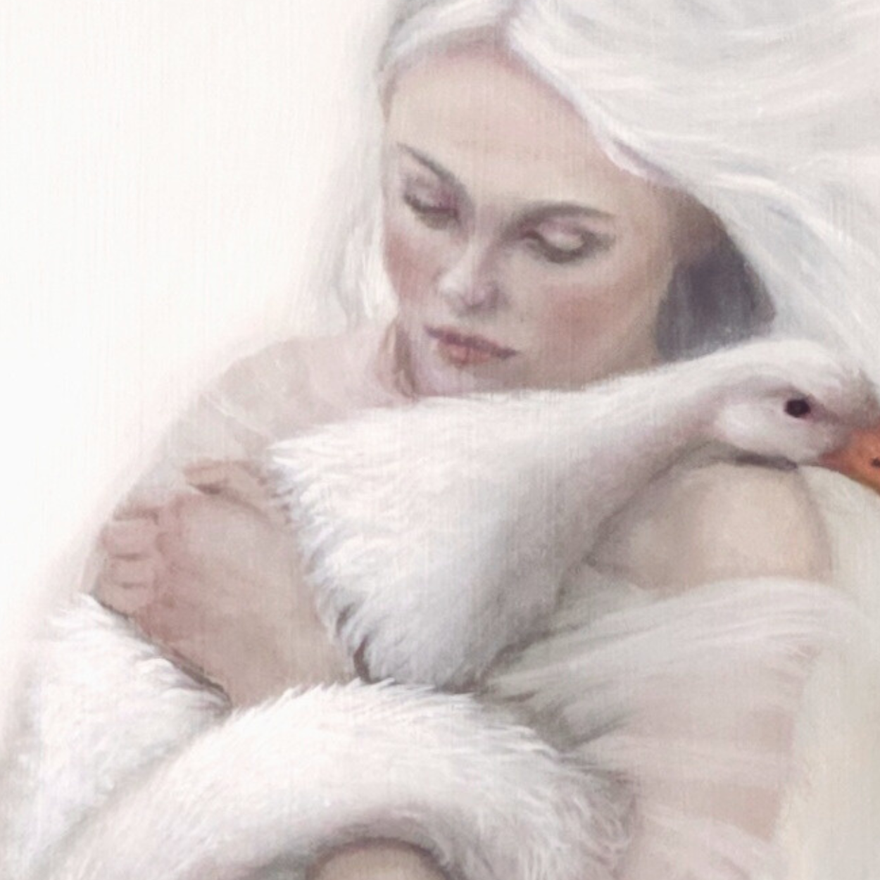 Sanctuary, muted white figurative oil painting with geese